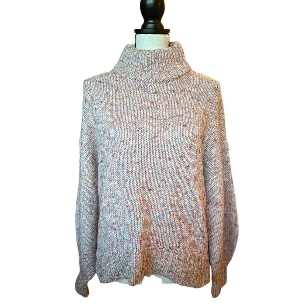 Ann Taylor Speckled Pastel Metallic Mock Neck Sweater Cozy Quiet Luxury | Medium - Picture 2 of 7